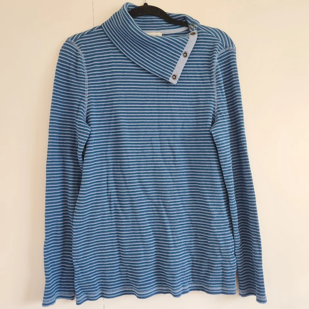 Sundance Blue Green Striped Asymmetrical Snap Neck Top L